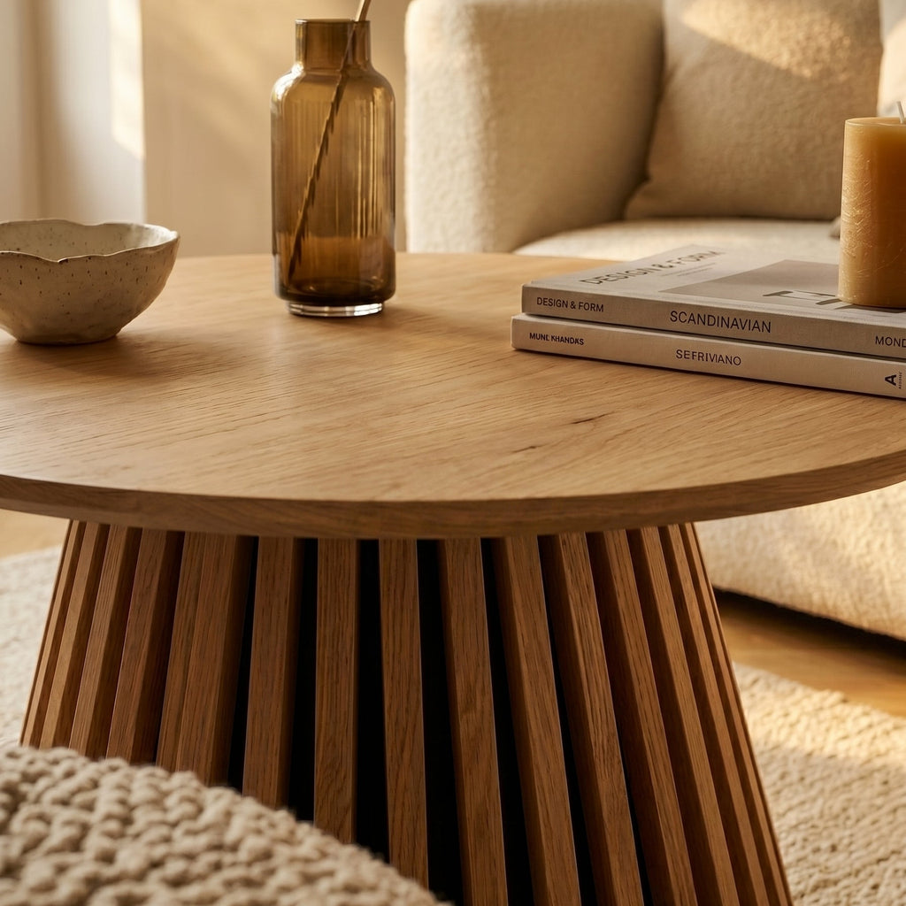 Table basse Osaka chêne naturel piétement lattes détail texture bois vue rapprochée
