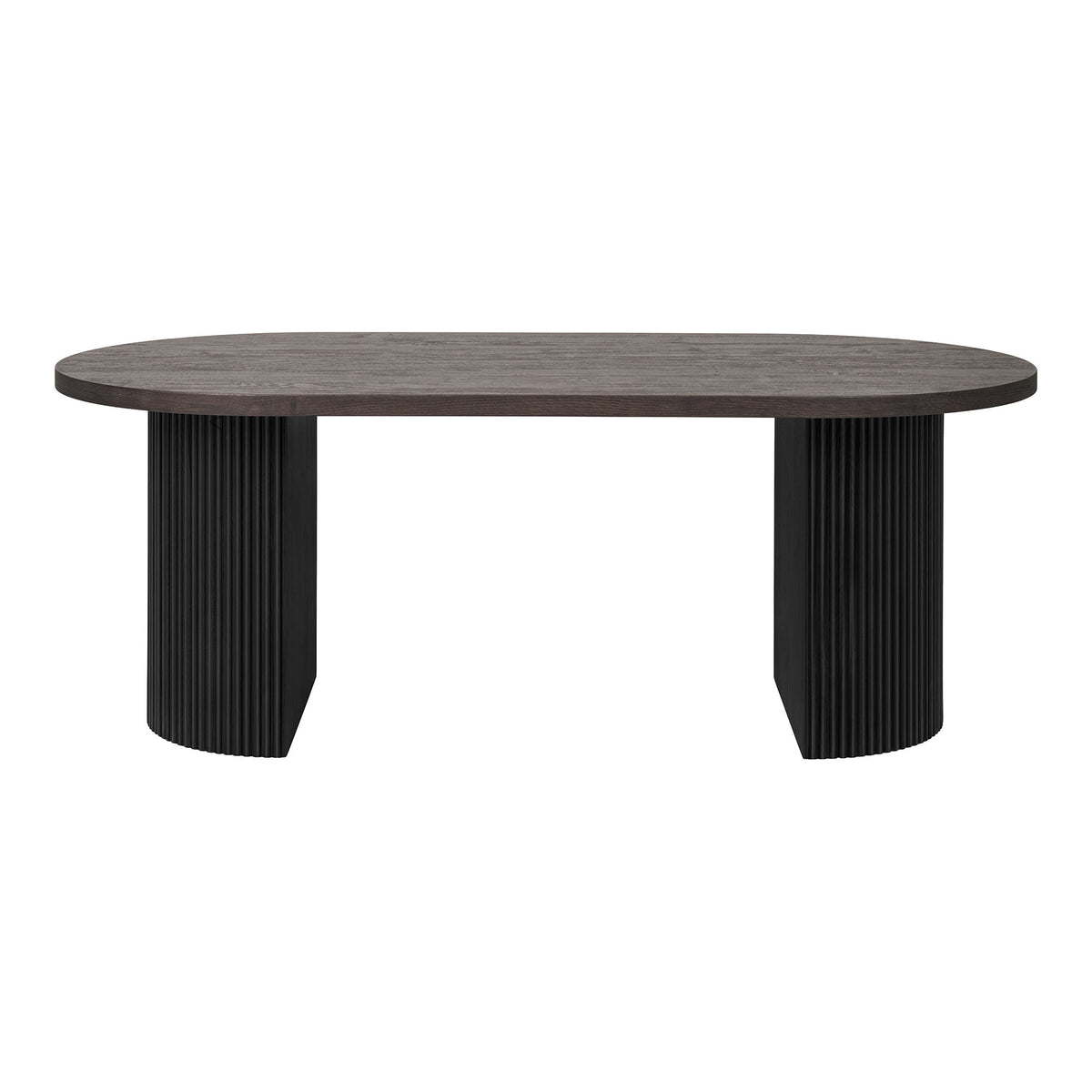 Table basse ovale Boavista décor brun foncé vue de face plateau sombre sur deux piètements cannelés noirs