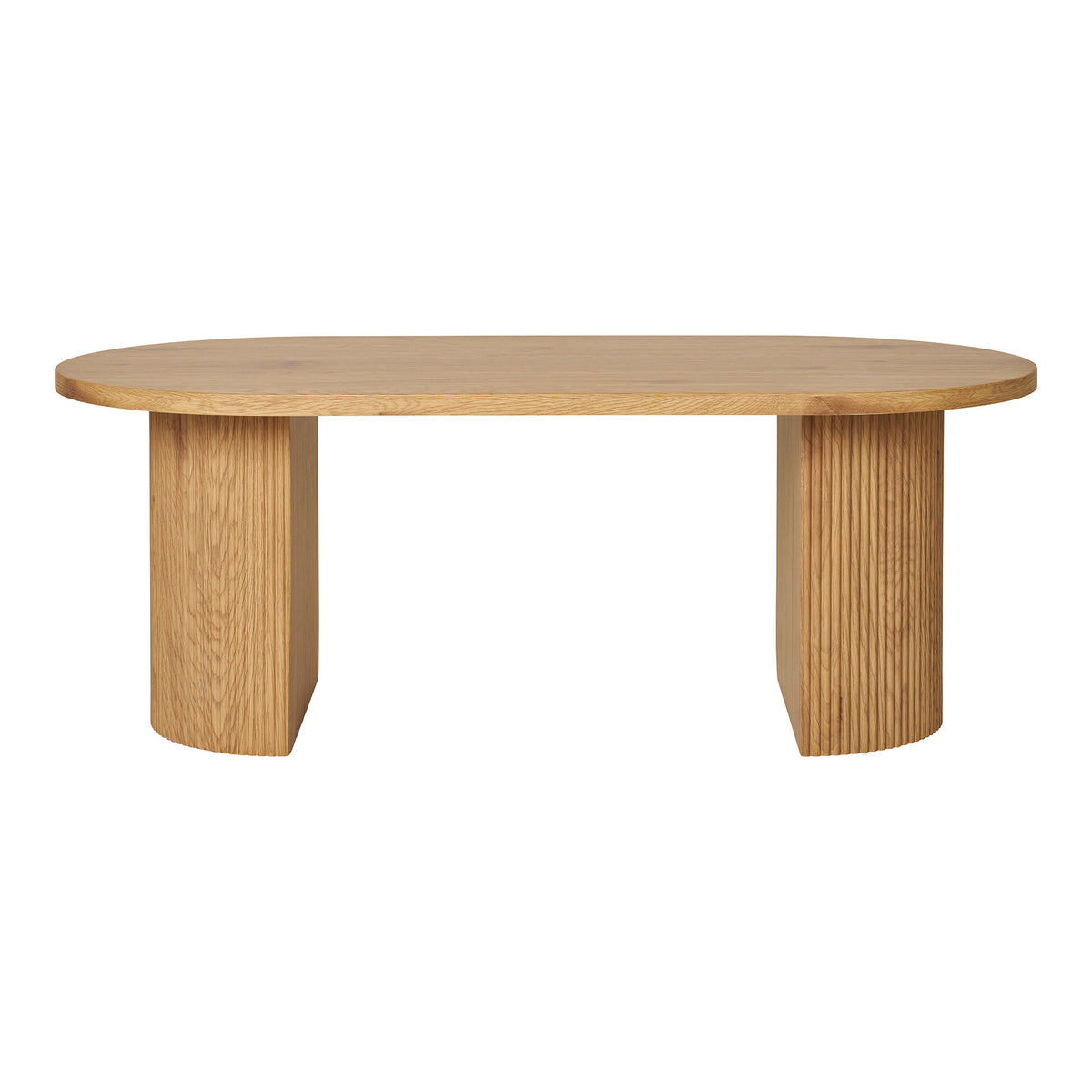 Table basse ovale Boavista décor chêne vue de face plateau arrondi sur deux piètements cannelés