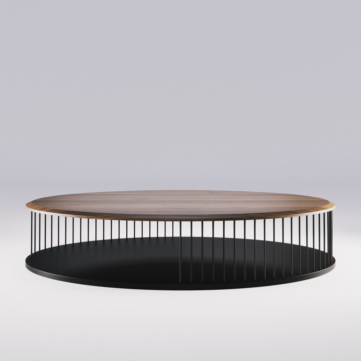 Table basse ovale Memória au plateau plaqué noyer foncé vue de face