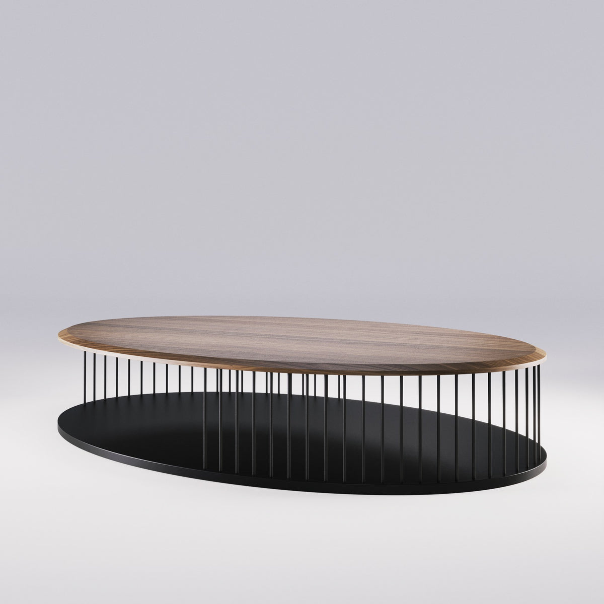 Table basse ovale Memória au plateau plaqué noyer foncé vue de trois quarts