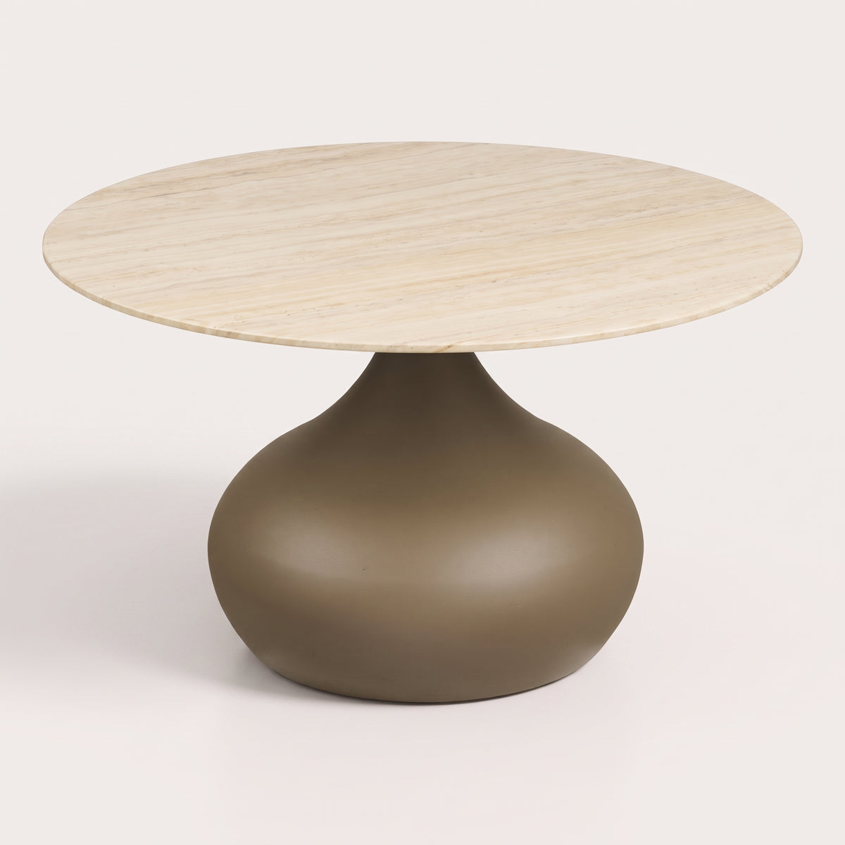 Table basse Pienza, plateau rond en verre effet travertin et pied galbé kaki, vue de trois quarts