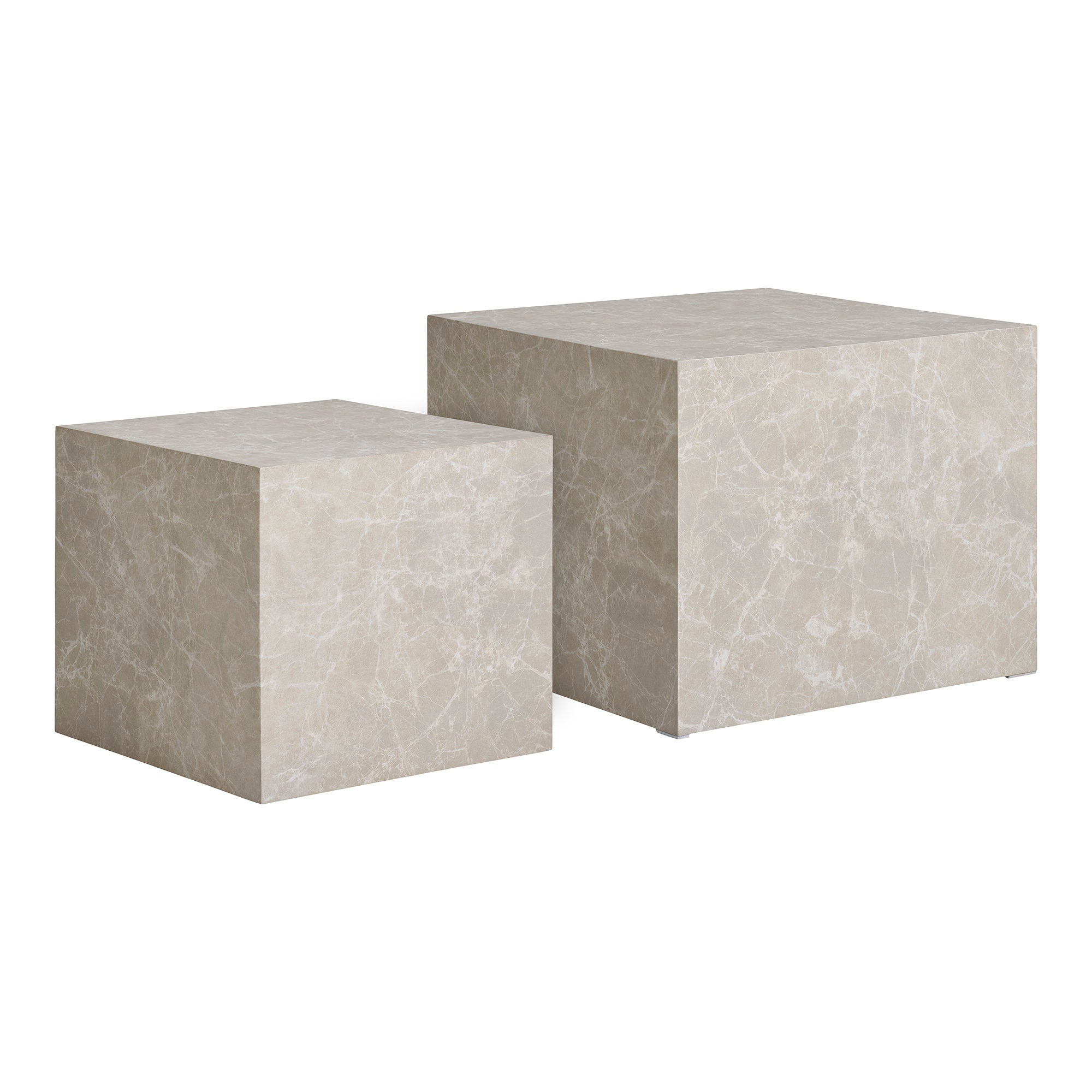 Set 2 tables basses Prague effet marbre beige 42x42 et 50x50 cm blocs monolithes vue trois quarts