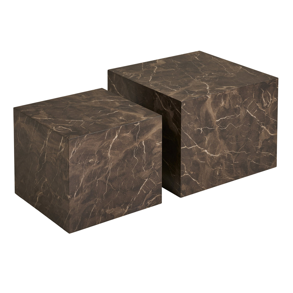 Set 2 tables basses Prague marbre brun vue trois quarts hauteurs différentes