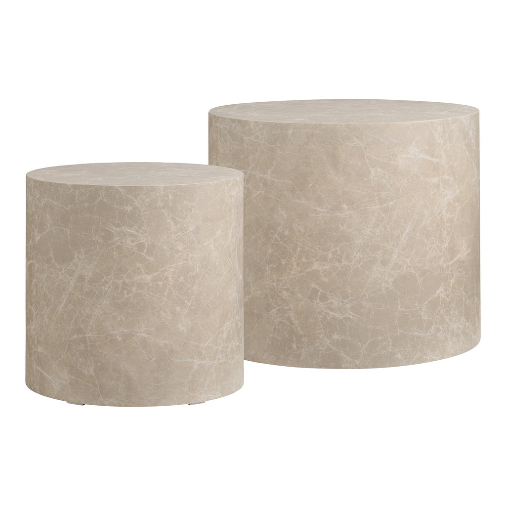 Set 2 tables basses cylindriques Prague marbre beige vue de côté hauteurs asymétriques