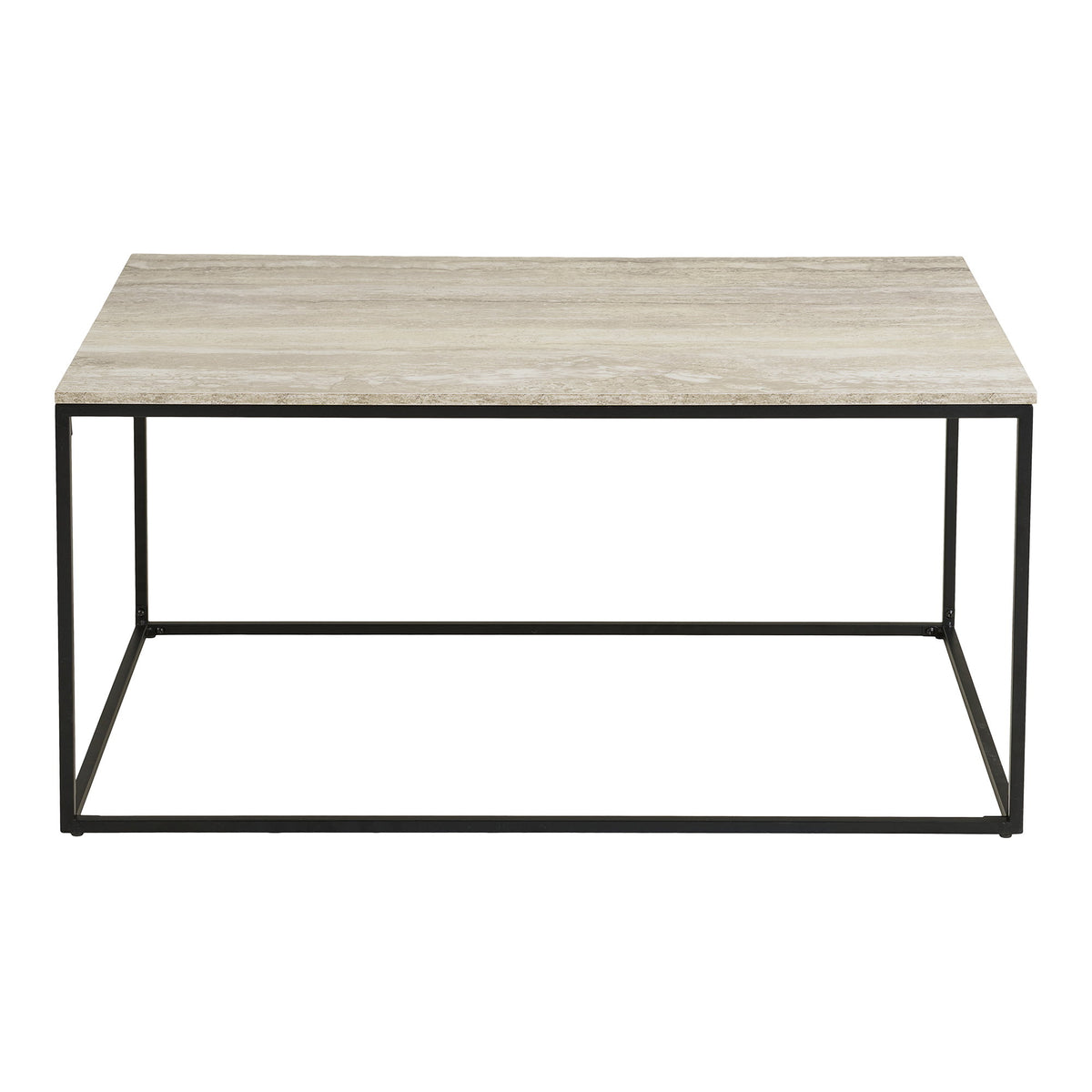 Table basse Vita aspect travertin beige vue de face plateau fin sur structure en acier