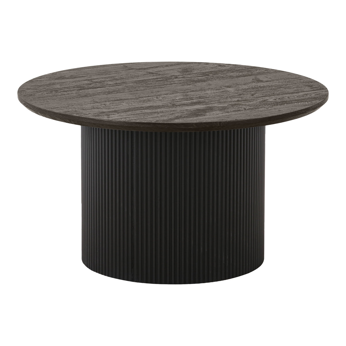 Table basse ronde Boavista décor brun foncé vue de face plateau rond sur piédestal cannelé sombre
