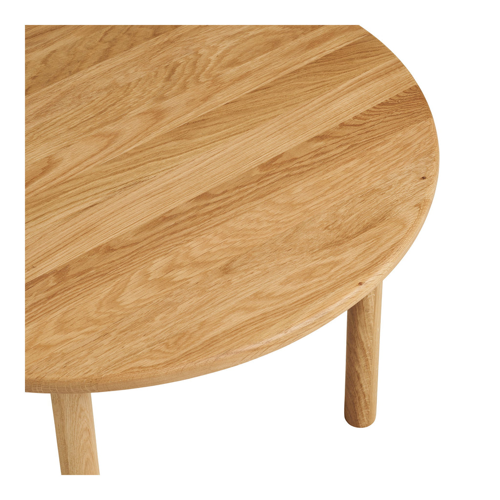 Gros plan plateau chêne massif naturel table Jena veines bois et pieds cylindriques