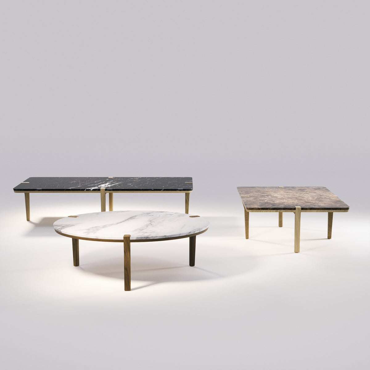 Table basse ronde Corner en noyer foncé et Estremoz blanc avec deux tables Corner rectangulaires