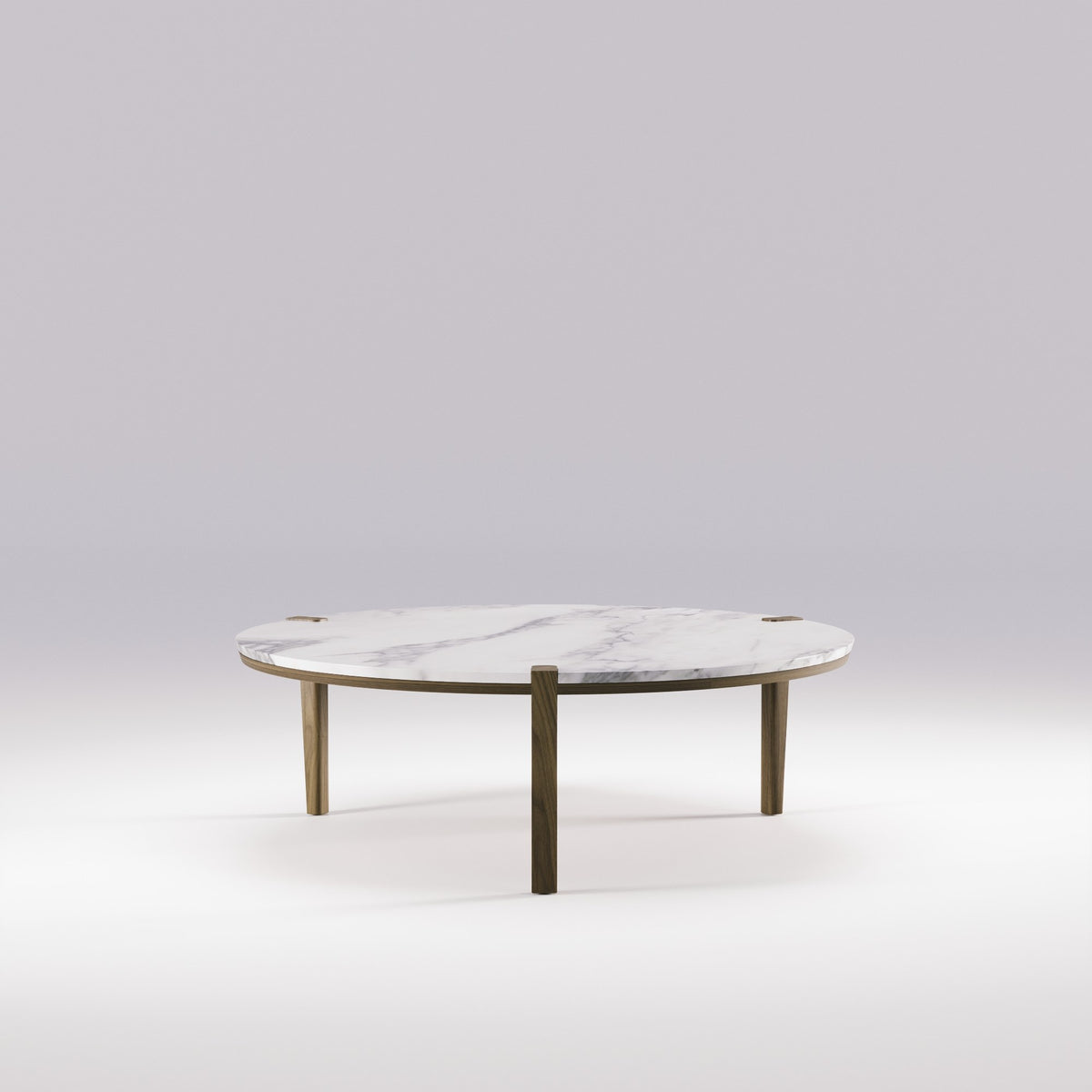 Table basse ronde Corner en noyer foncé au plateau de marbre Estremoz blanc