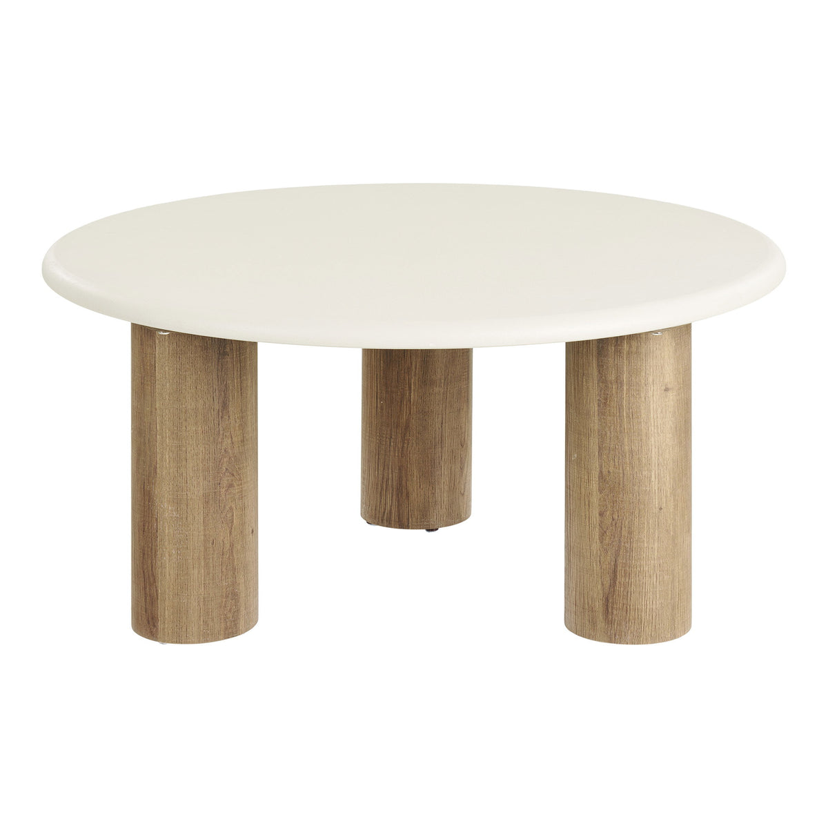 Table basse Fondi vue de face sur ses trois pieds cylindriques décor bois