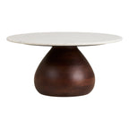 Table basse ronde Heide vue de face plateau en marbre blanc sur socle ovoïde en manguier