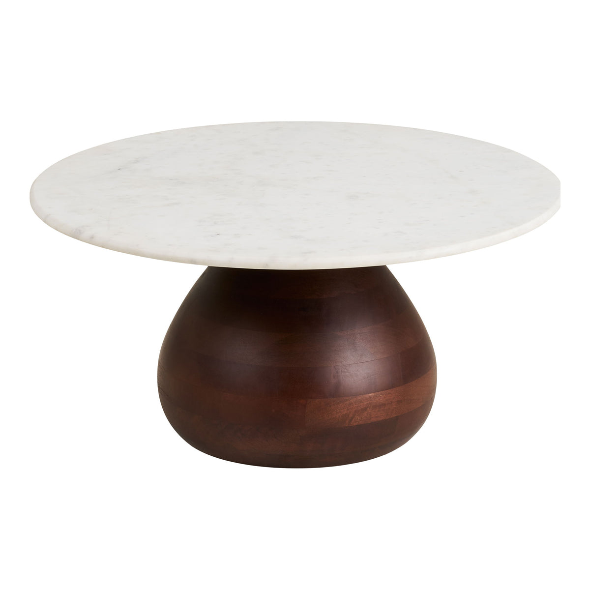 Table basse ronde Heide plateau en marbre blanc et socle en manguier brun foncé vue de trois quarts