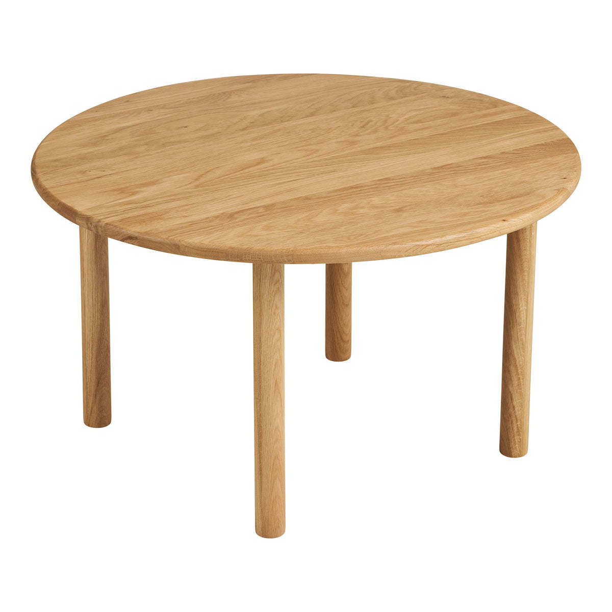 Table basse ronde Jena en chêne massif vue de trois quarts plateau veiné et quatre pieds cylindriques