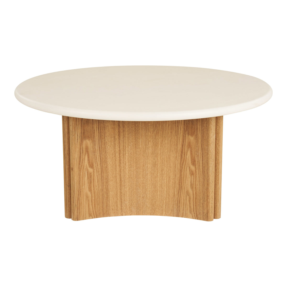Table basse Motril vue de face avec un panneau plaqué frêne découpé en arche à sa base