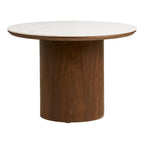 Table basse ronde Noli vue de face bord du plateau en céramique et pied cylindrique plaqué frêne