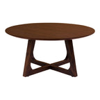 Table basse Hellerup plateau rond noyer vue de face pieds sculptés base en croix