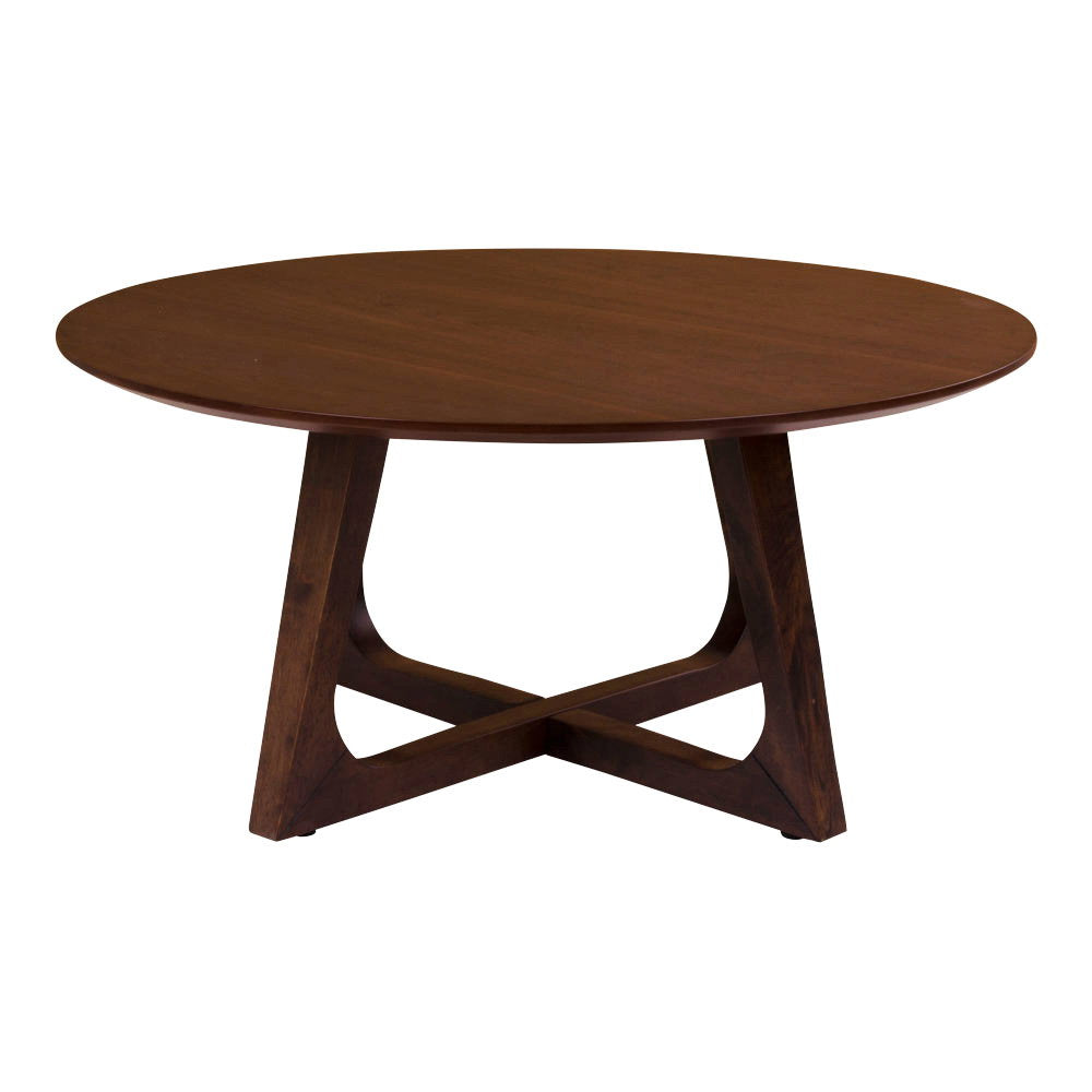 Table basse Hellerup plateau rond noyer vue de face pieds sculptés base en croix