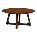Table basse ronde Hellerup noyer vue trois quarts base croix sculptée fond blanc
