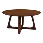 Table basse ronde Hellerup noyer vue trois quarts base croix sculptée fond blanc