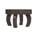 Table basse ronde Octo Chic en manguier noyer foncé vue de profil plateau épais et quatre pieds incurvés