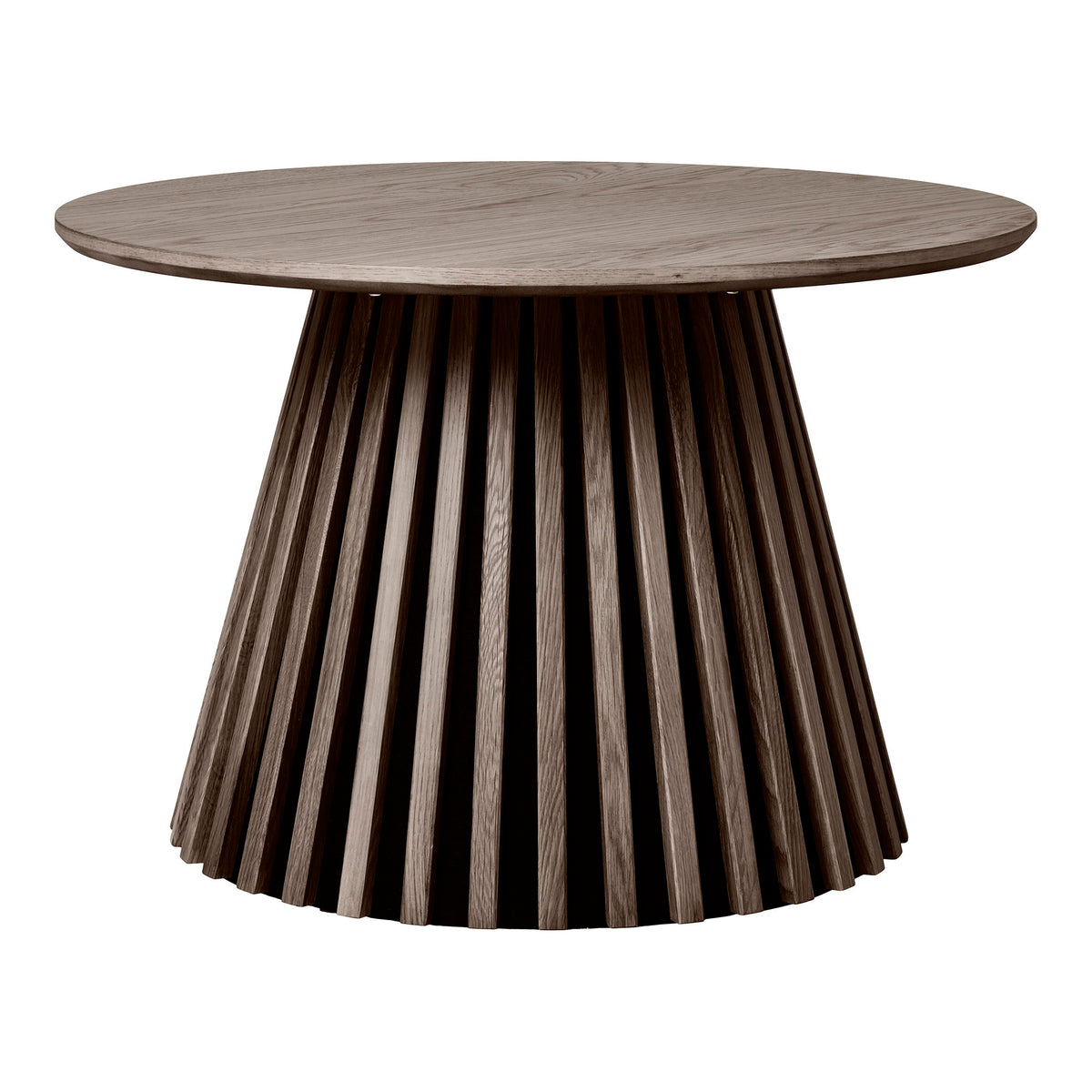 Table basse ronde Osaka chêne fumé vue de face avec plateau rond et piétement à lattes