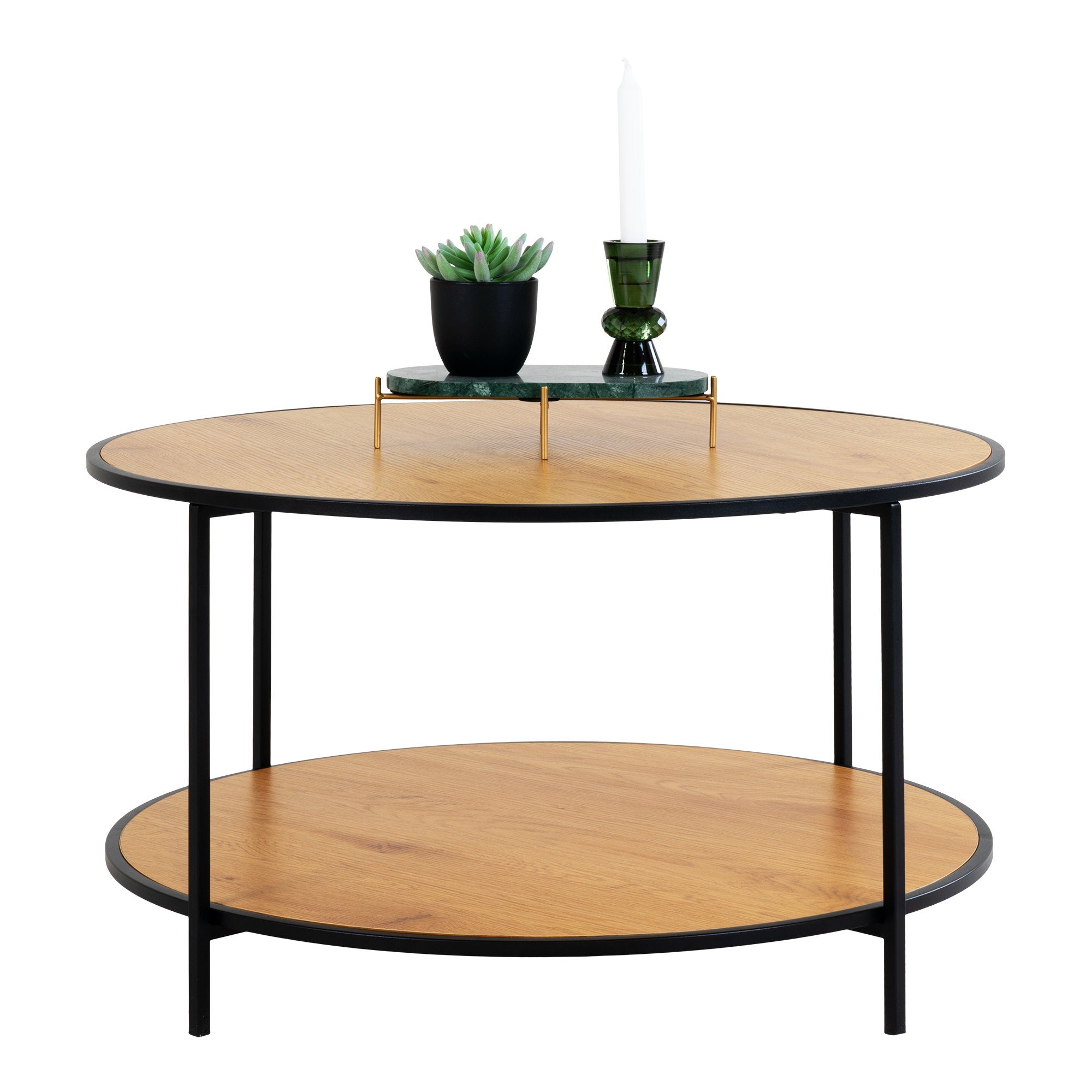 Table basse Vita ronde chêne plateau supérieur avec décoration vue légèrement plongeante