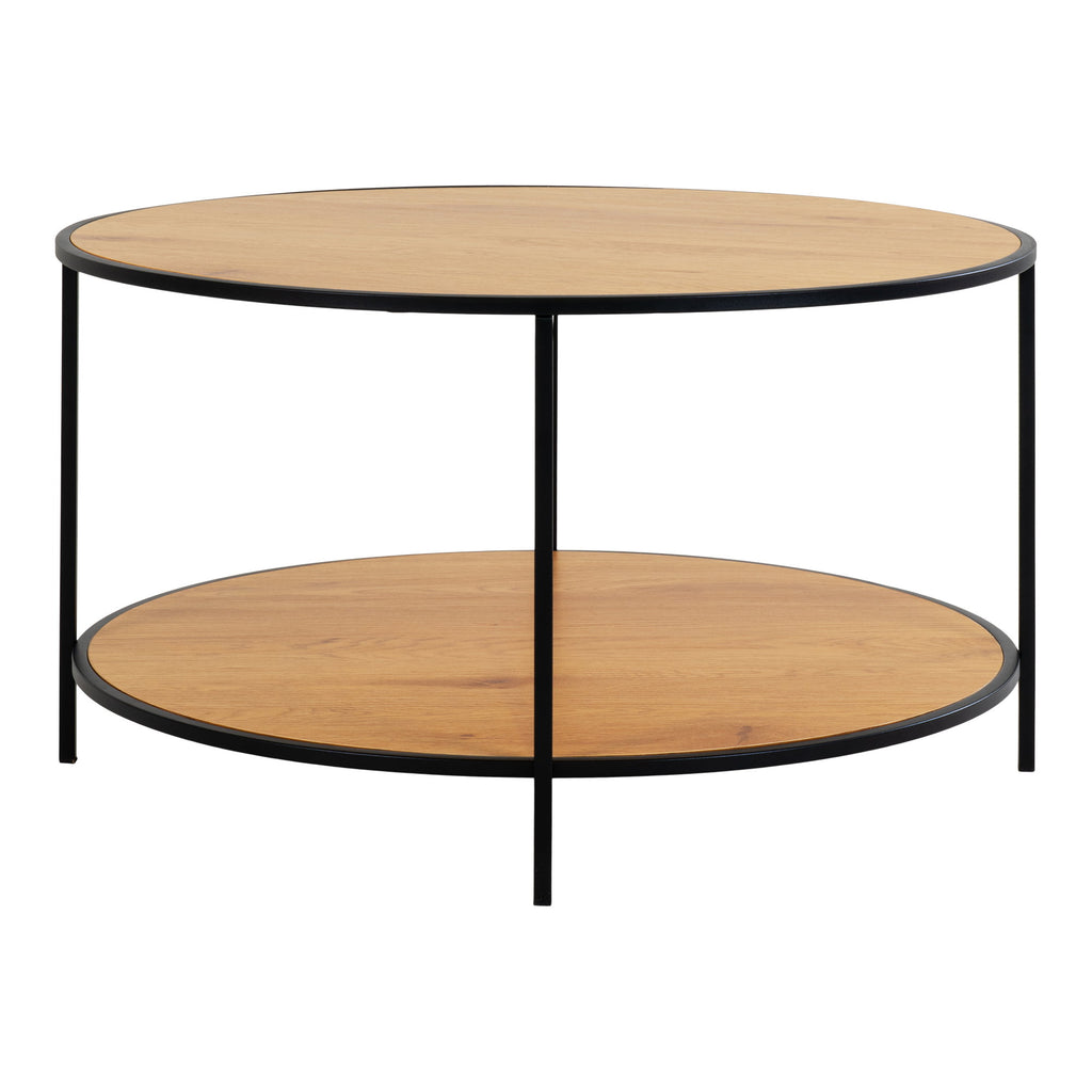 Table basse ronde Vita effet chêne double plateau tablette pieds acier noir vue de face