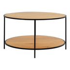 Table basse ronde Vita effet chêne double plateau tablette pieds acier noir vue de face