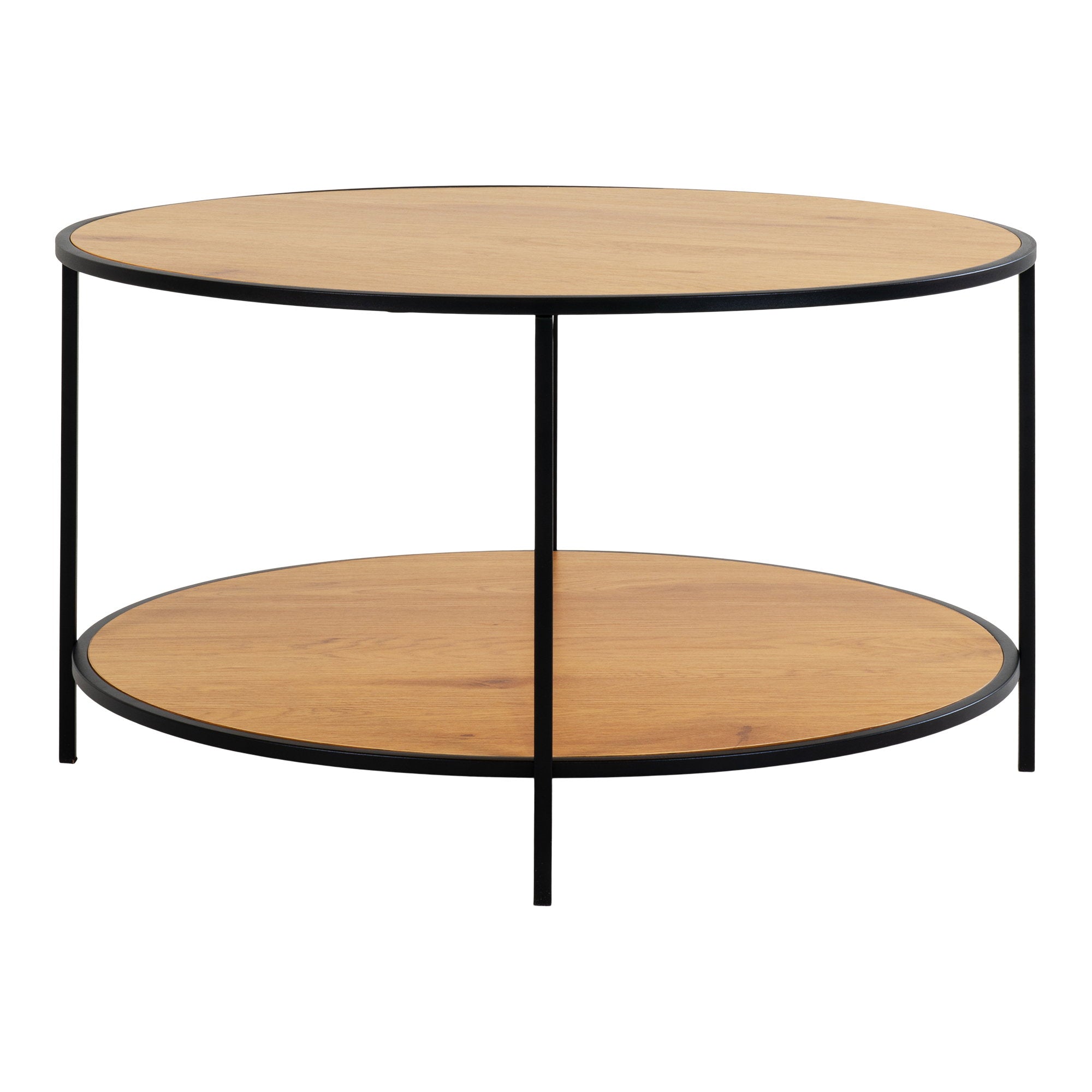 Table basse ronde Vita effet chêne double plateau tablette pieds acier noir vue de face