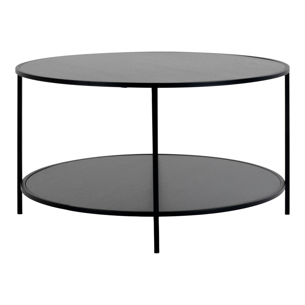 Table basse ronde Vita noir plateau et tablette mélaminés pieds acier vue de face