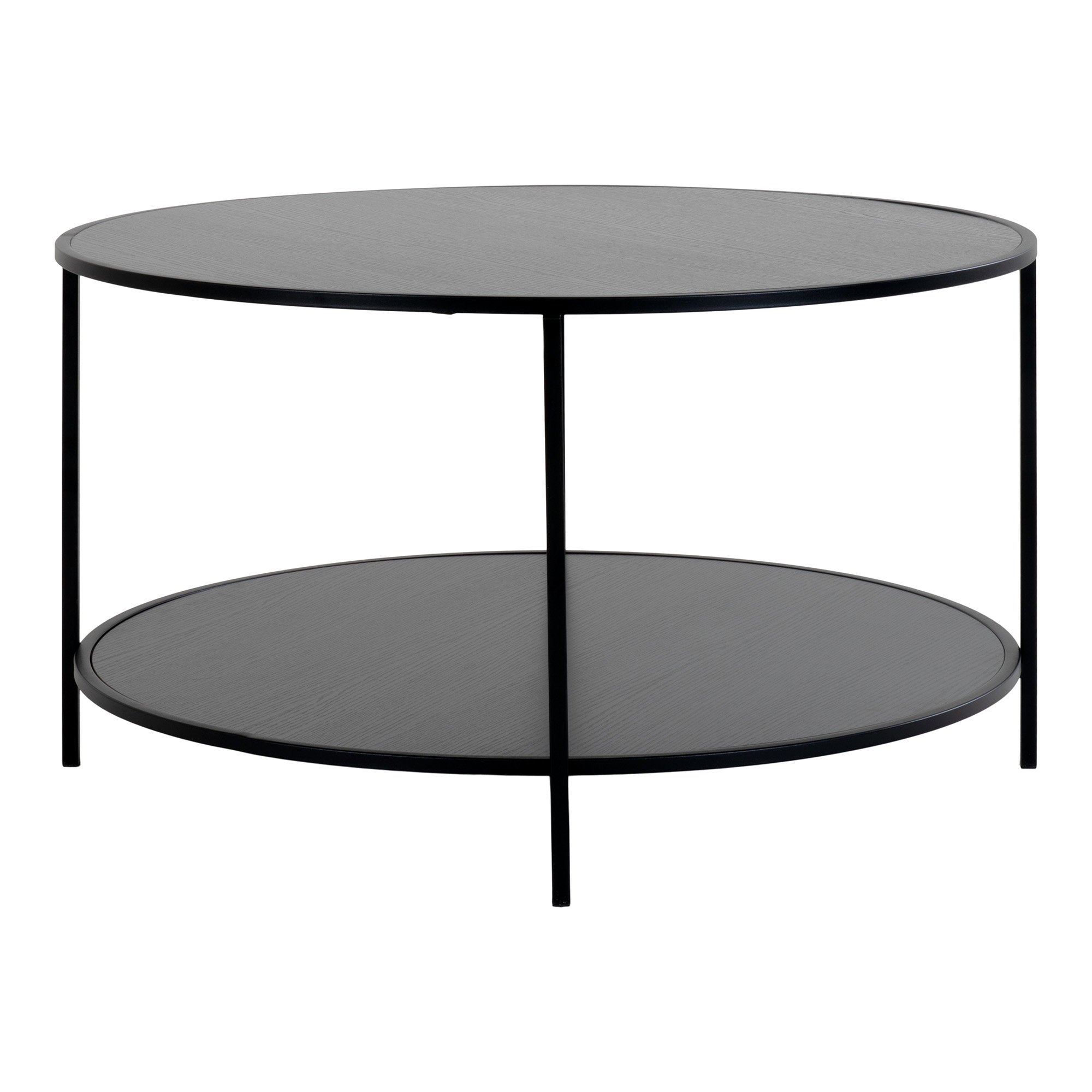 Table basse ronde Vita noir plateau et tablette mélaminés pieds acier vue de face