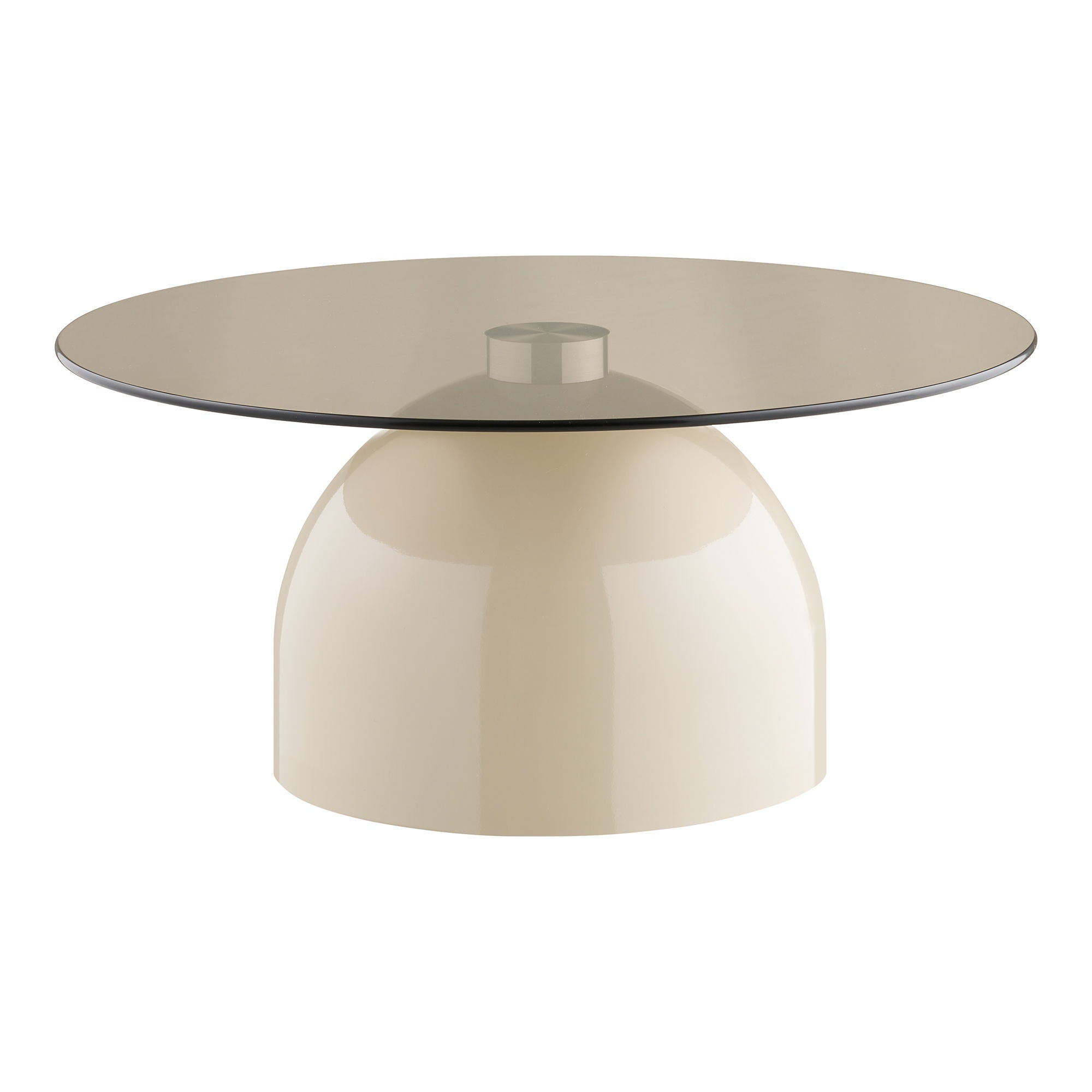 Table basse Ravello verre fumé beige vue trois quarts socle dôme brillant fond blanc