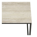 Détail plateau effet travertin veinures naturelles beige gris table basse Vita