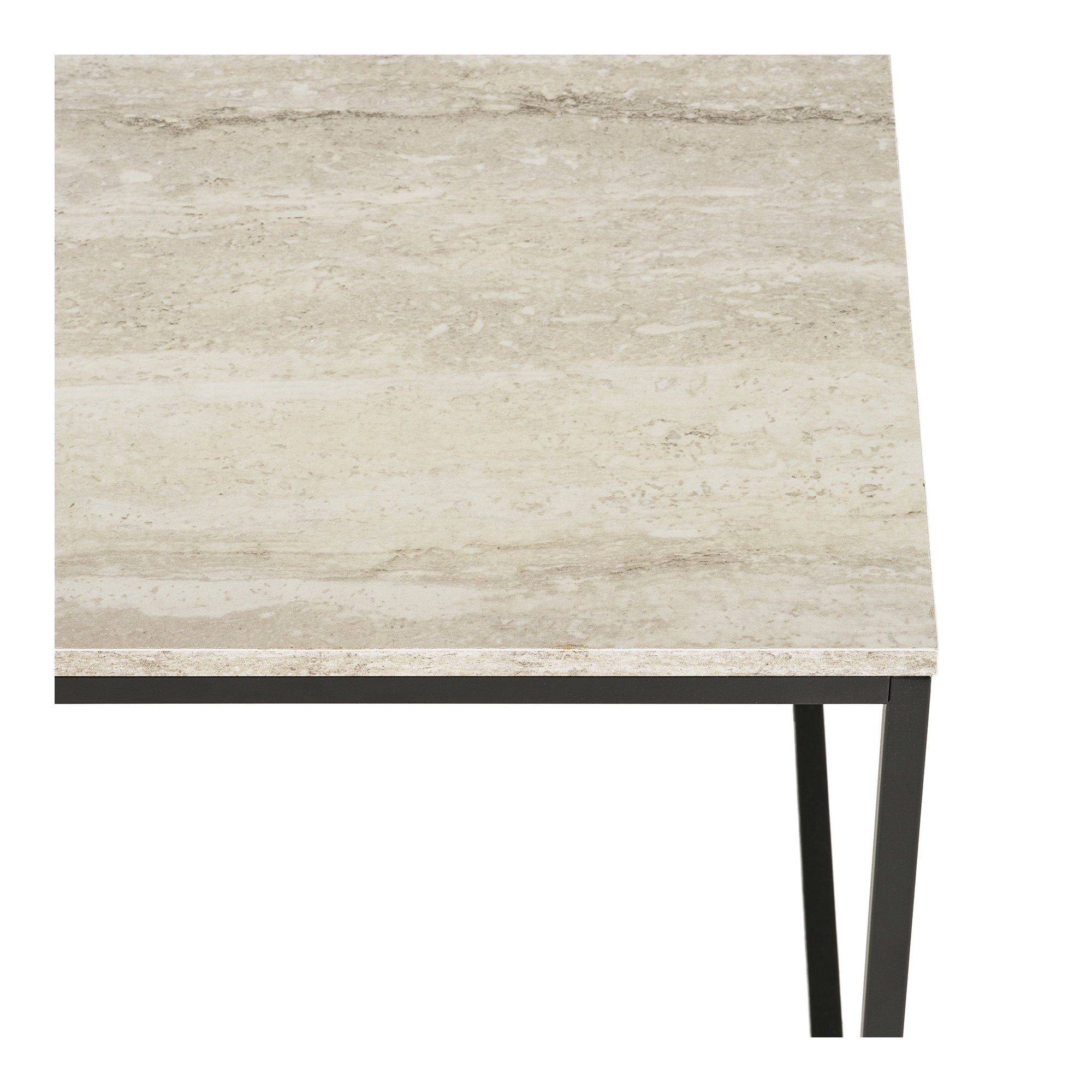 Détail plateau effet travertin veinures naturelles beige gris table basse Vita