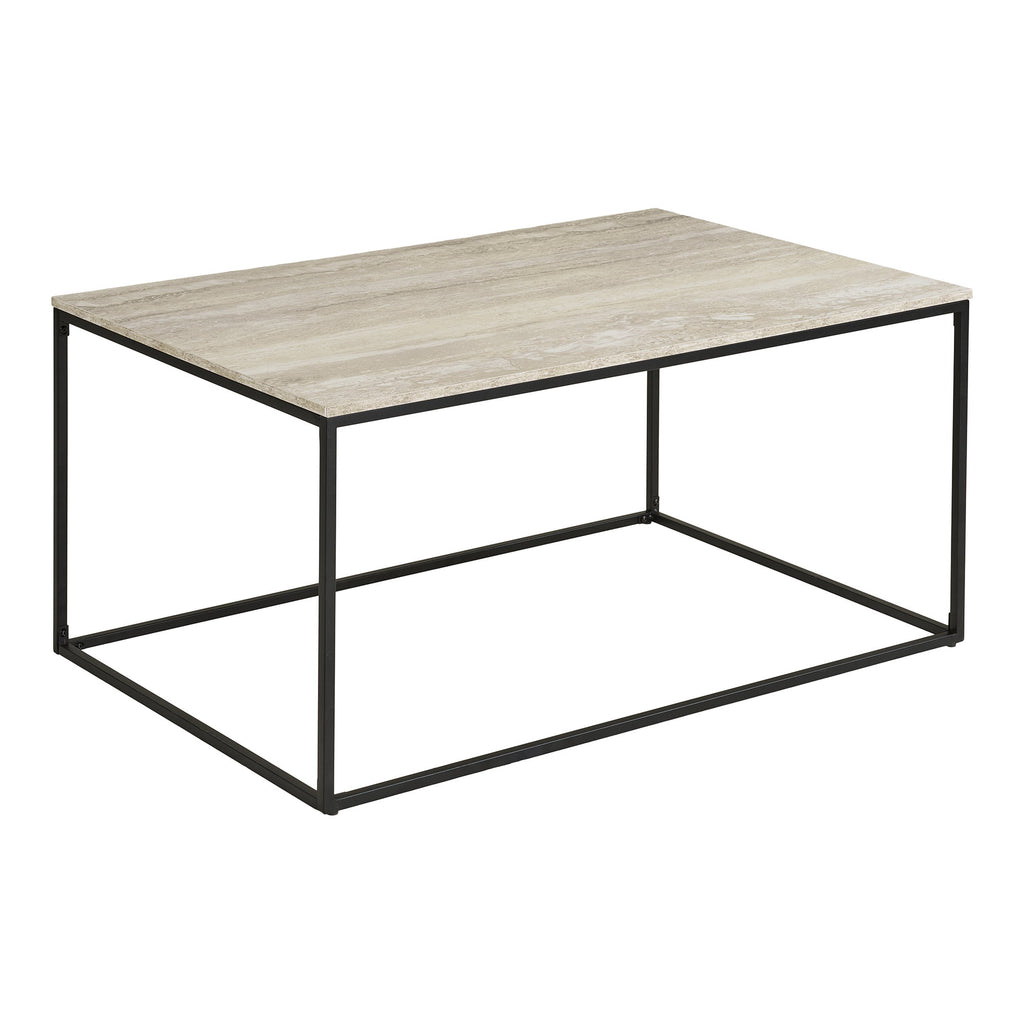 Table basse Vita travertin beige châssis acier noir vue trois quarts fond blanc