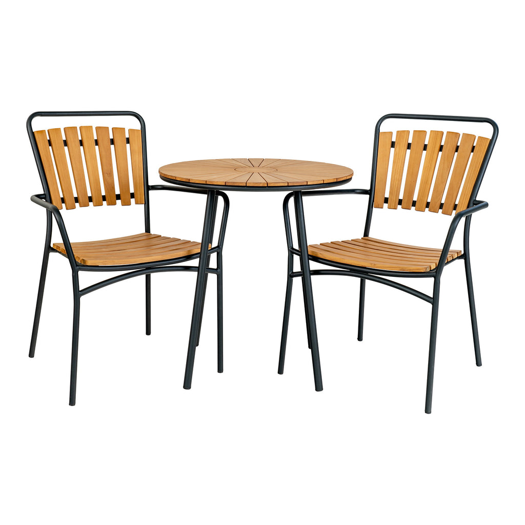 Table bistro Cleveland teck avec deux chaises assorties teck et métal noir