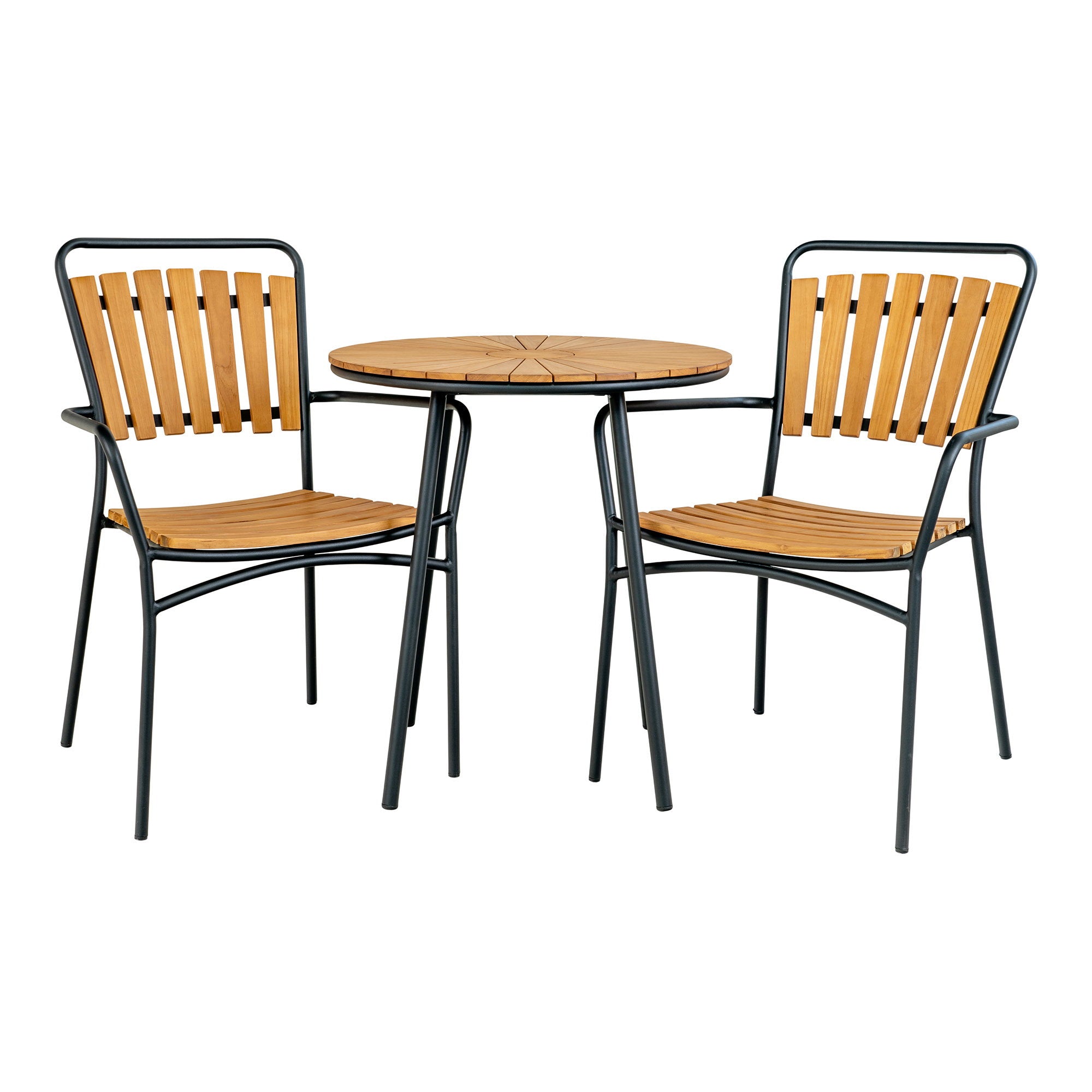 Ensemble table et chaises Cleveland teck et métal noir vue face fond blanc