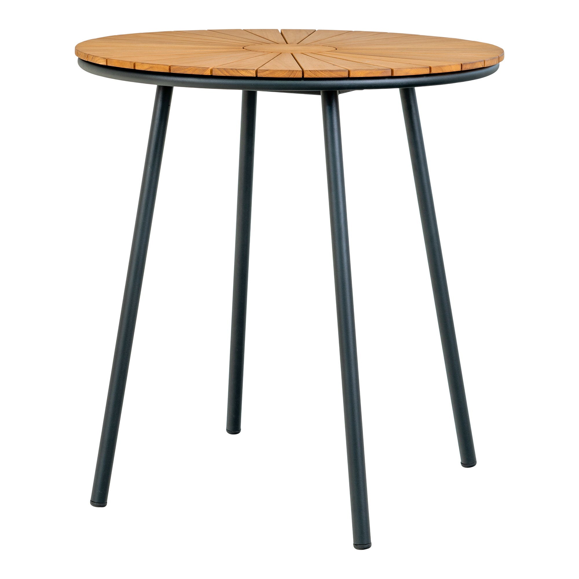 Table bistro Cleveland plateau teck rond piètement métal noir, vue de face