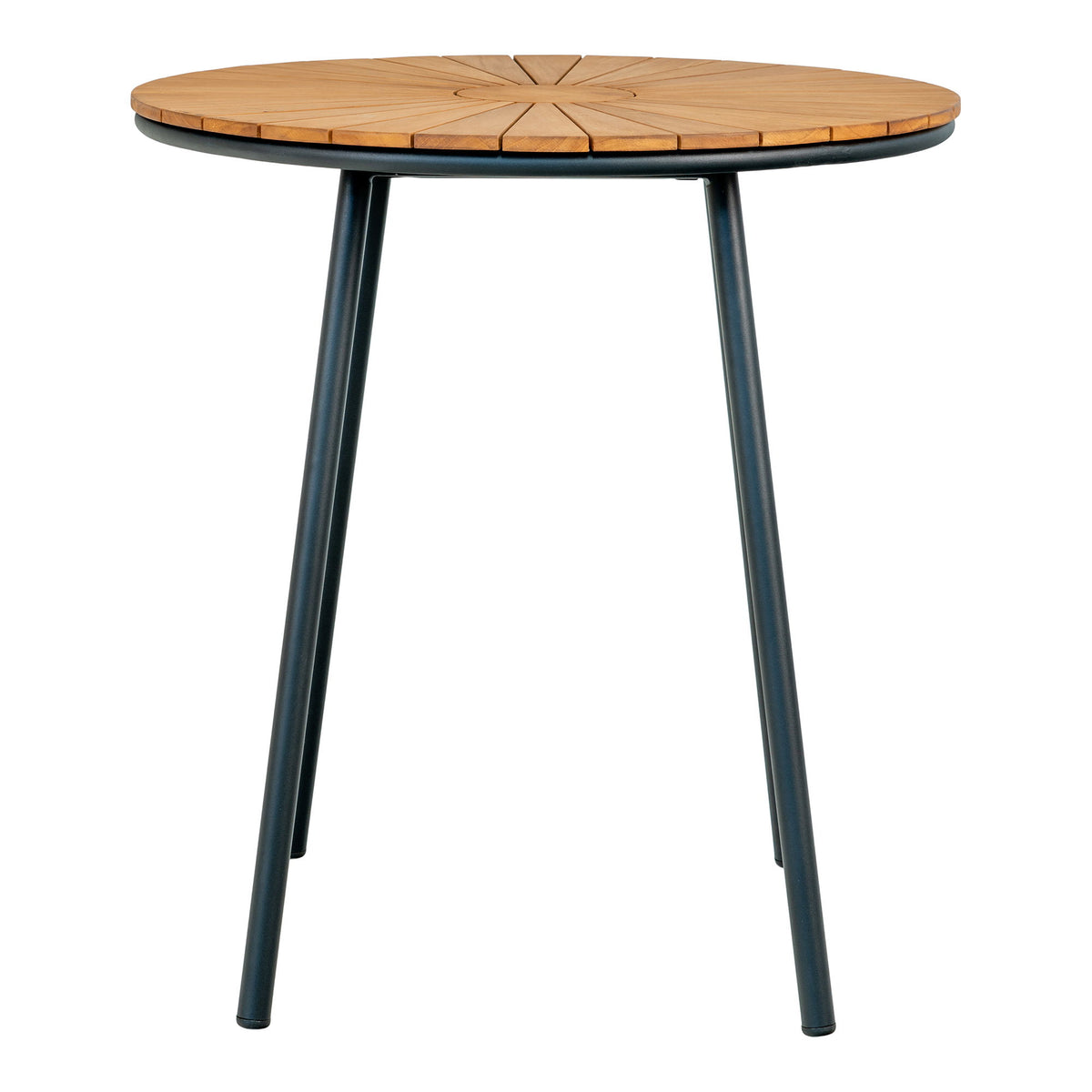 Table bistro Cleveland vue de face plateau rond en teck sur ceinture et pieds en métal noir