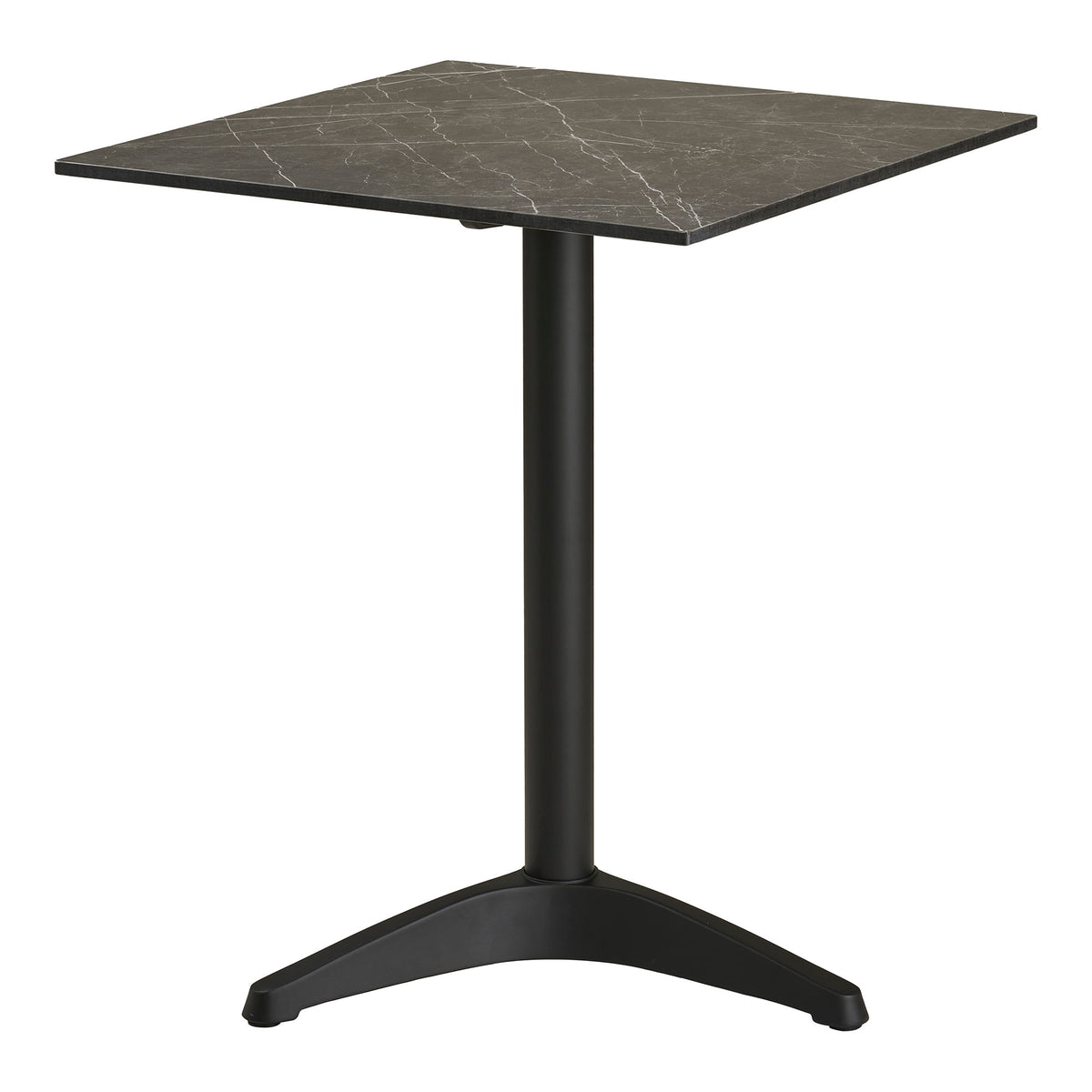 Table bistrot effet marbre anthracite vue de trois quarts avec son pied noir mat