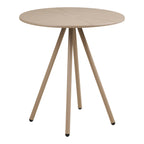 Table bistrot Barletta taupe vue de trois quarts plateau rond à segments rayonnants et quatre pieds inclinés en acier