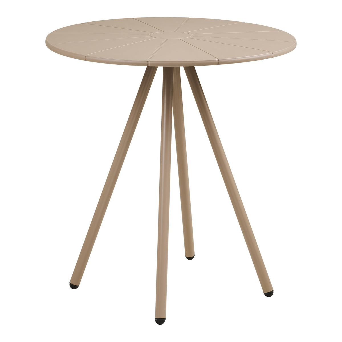 Table bistrot Barletta taupe vue de trois quarts plateau rond à segments rayonnants et quatre pieds inclinés en acier