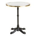 Table bistrot ronde au plateau effet marbre blanc cerclé d'or sur un pied en fonte noire vue de face sur fond blanc