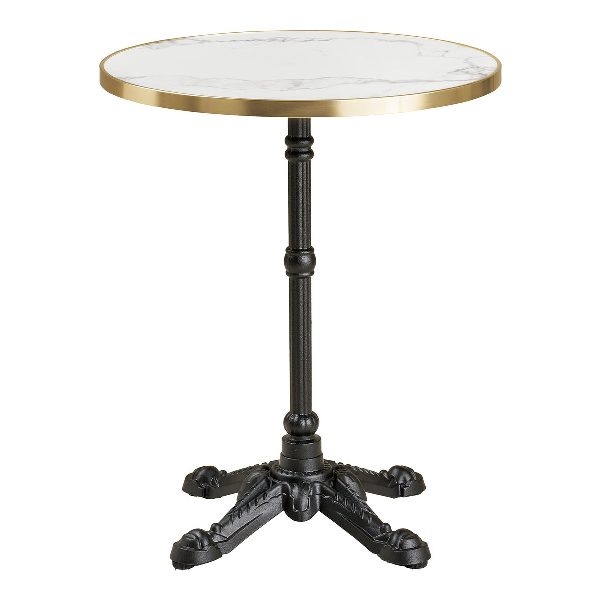 Table bistrot ronde au plateau effet marbre blanc cerclé d'or sur un pied en fonte noire vue de face sur fond blanc