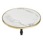 Plateau rond effet marbre blanc veiné de gris et son cerclage doré vus de dessus