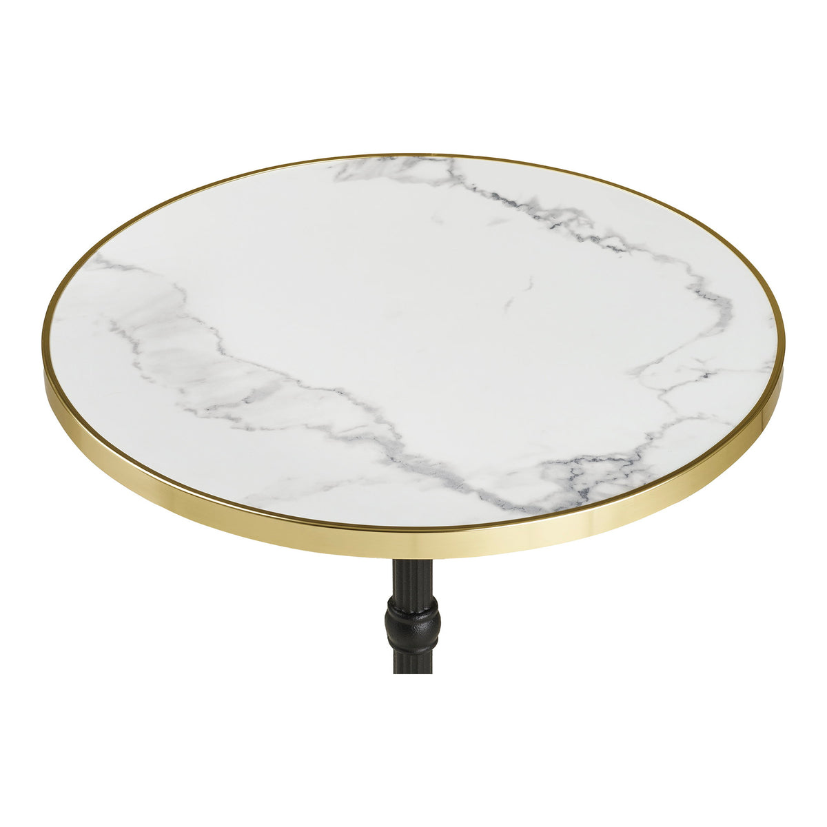 Plateau rond effet marbre blanc veiné de gris et son cerclage doré vus de dessus