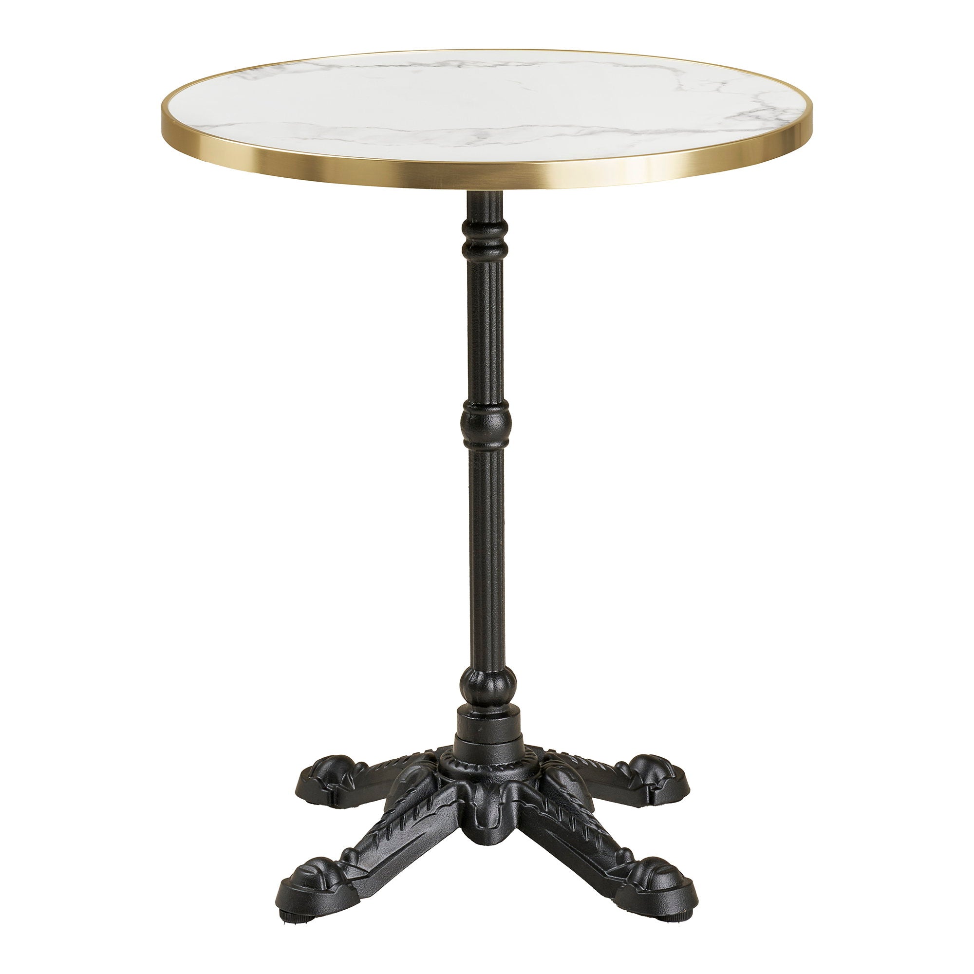 Table bistrot ronde plateau marbre blanc liseré or pied fonte ciselée noire fond blanc