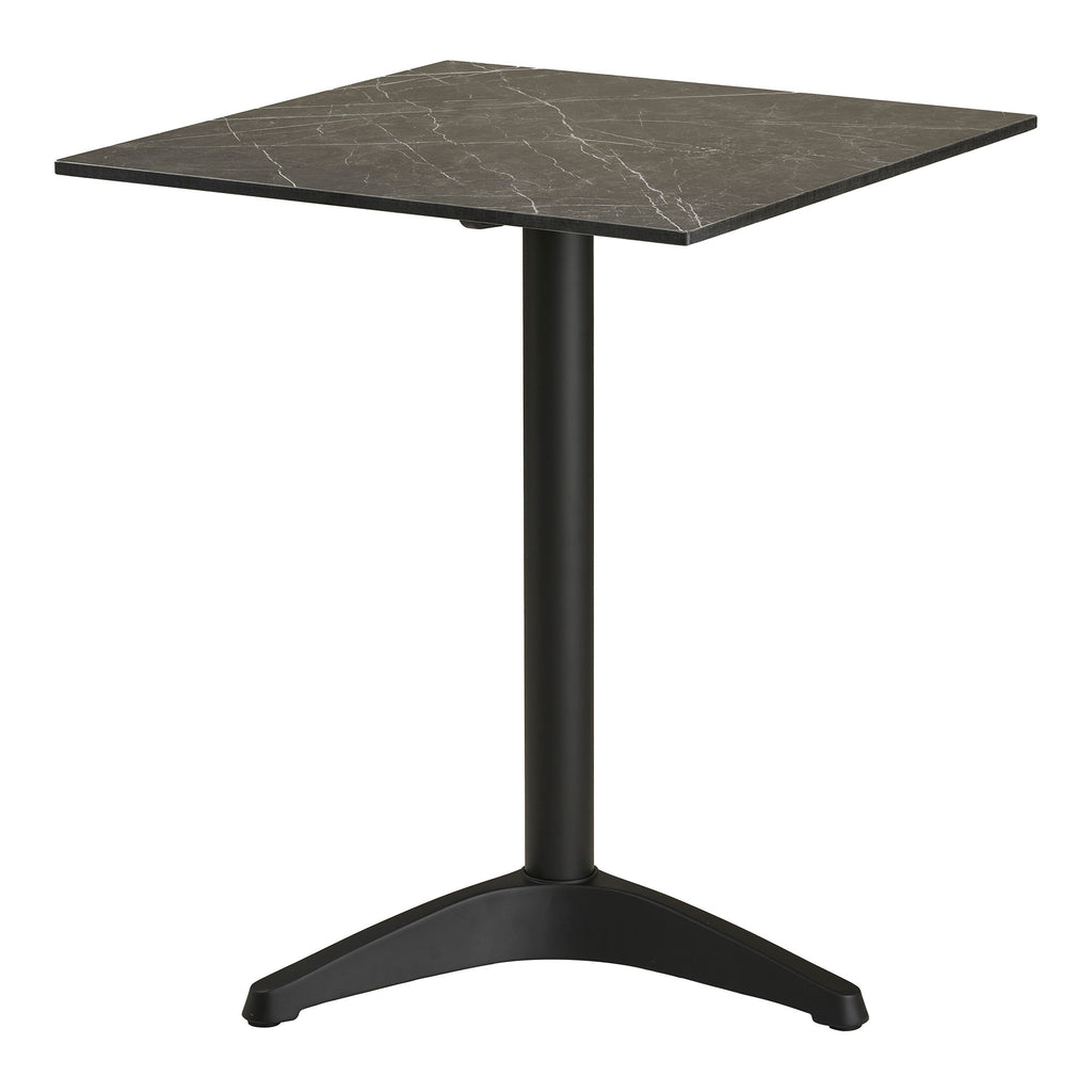 Table bistrot marbre noir pied aluminium noir mat vue trois quarts fond blanc