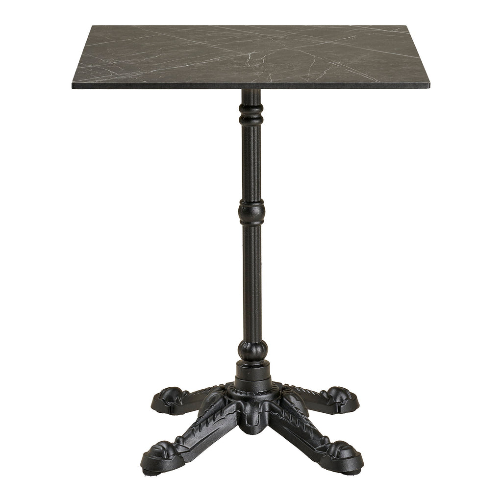 Table bistrot carrée plateau effet marbre noir veinures blanches pied fonte ciselée noire fond blanc